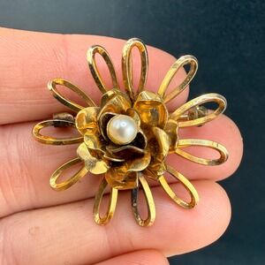 Vintage  Gold Filled Flower Brooch Faux Pearl Rose Floral